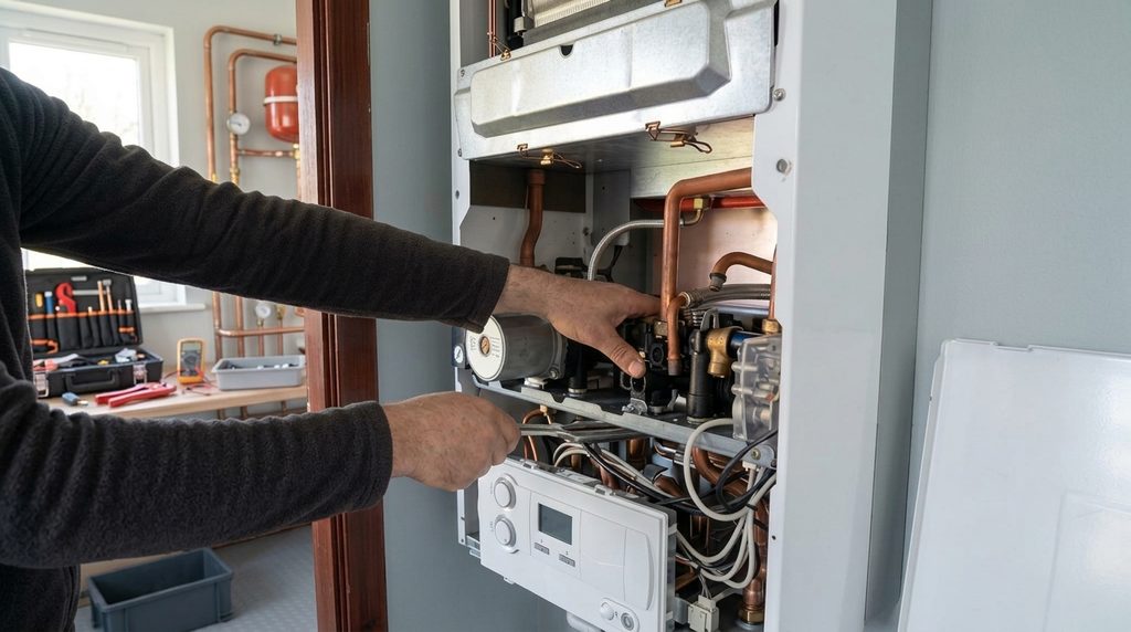 Best Central Heating Repair Near Me: engineer using diagnostic equipment to find and repair central heating faults in a home.
