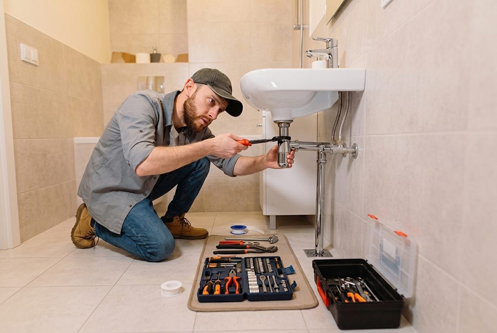 Domestic Plumber Bradford Services: plumbers fitting a bathroom basin, toilet, bath and shower to suit your space and layout.