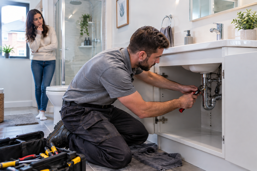 Emergency 24 hour plumber near me repairing waste pipe under a bathroom vanity while a worried homeowner explains the problem