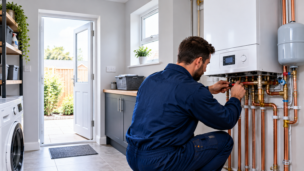 Best Central Heating System Installation Bradford: engineer installing a new boiler and connecting copper pipework in a home.